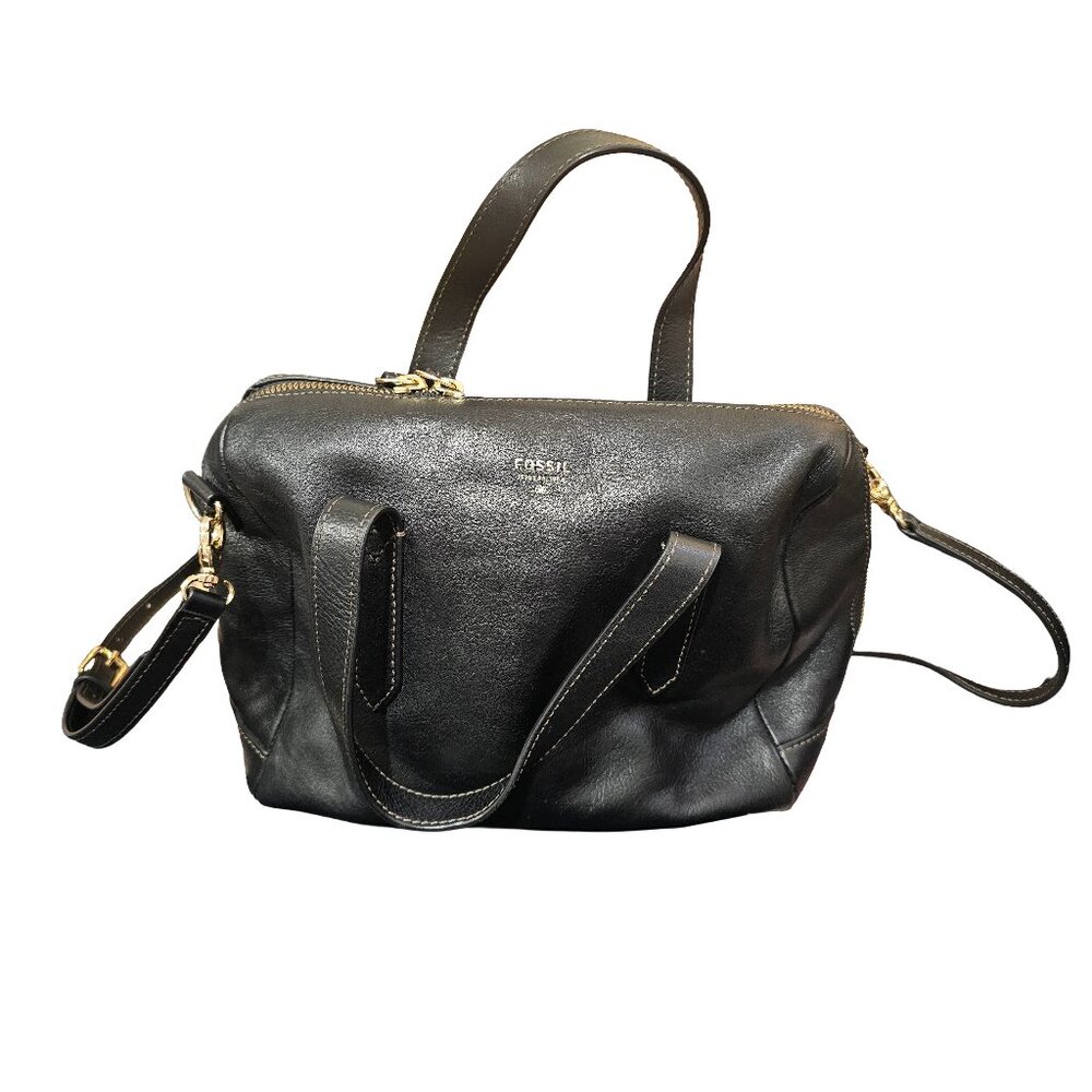 FOSSIL Black Smooth Leather Satchel Crossbody Handbag - Sydney style